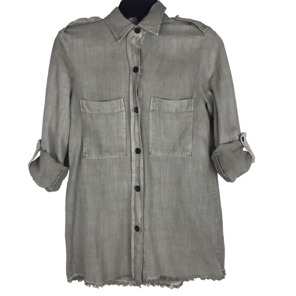 NWT Zara Button Up Shirt Long Roll Tab Sleeves Chambray Gray Denim Raw Hem Sz XS - Picture 1 of 7